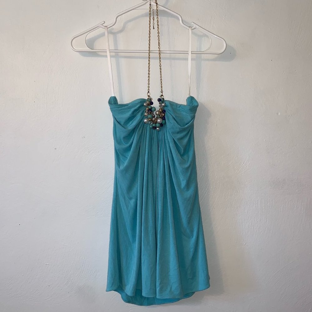 SKY Sky Blue Beaded Tank Gold Chain Neck EUC Size Medium